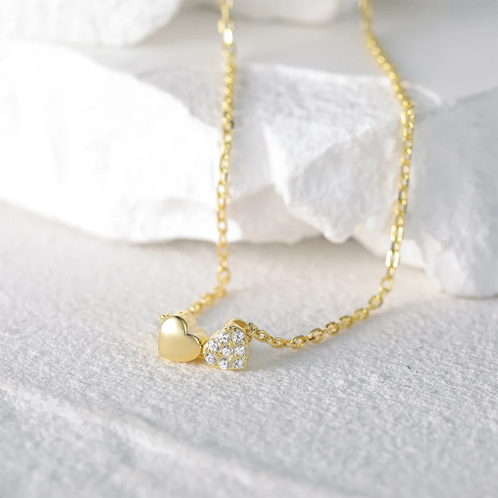 Double Heart Pendant Chain Necklace Gold, Silver