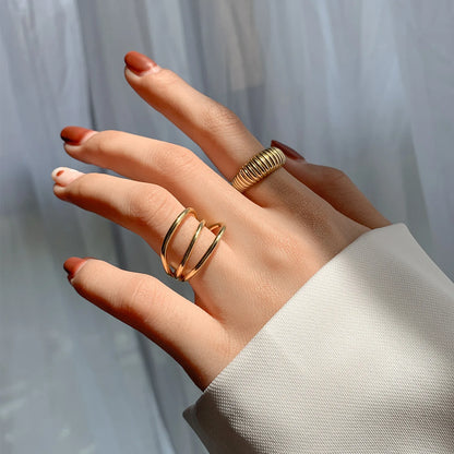 Gold Three Layer Ribbed Ring Combination