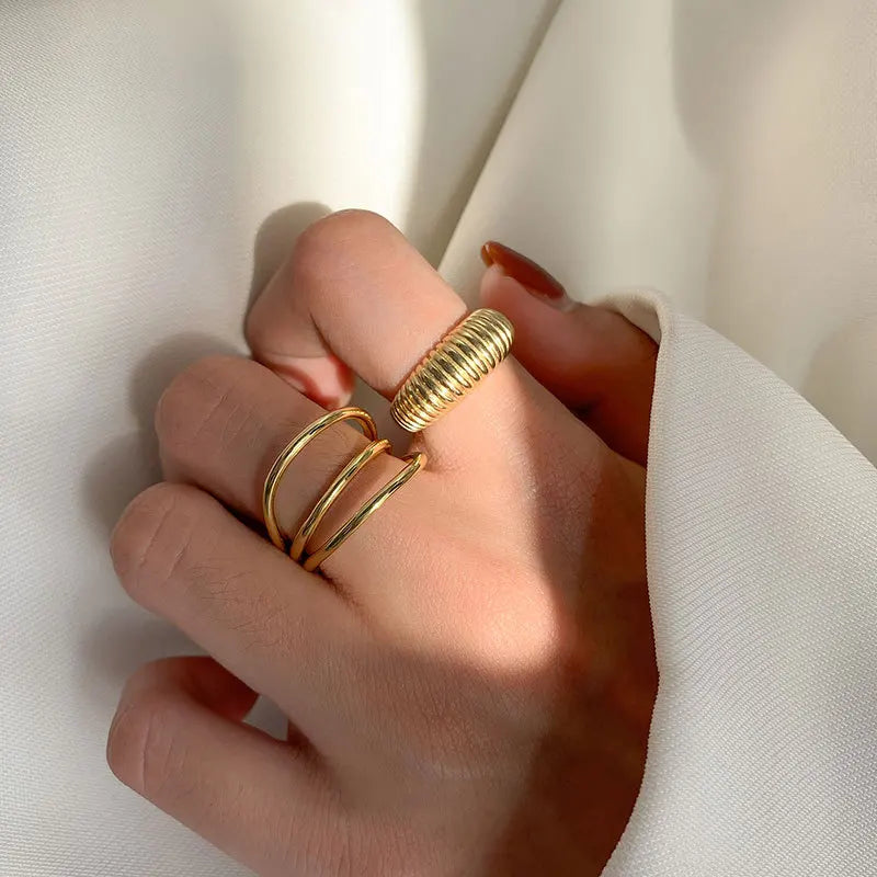 Gold Three Layer Ribbed Ring Combination