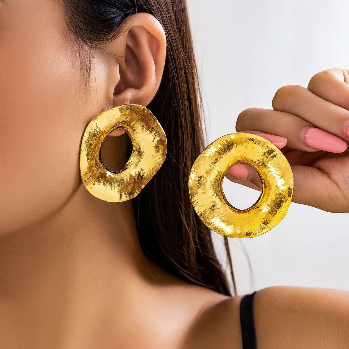 Oversized Brass Effect Circle Hoop Stud Earrings Gold, Silver