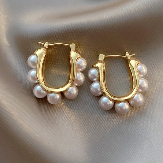 Elegant Pearl Oval Hoop Gold Earrings
