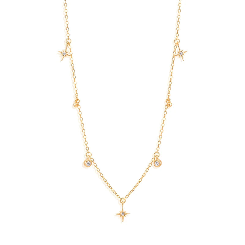 Delicate Zircon Star and Jewel Pendant Gold Necklace