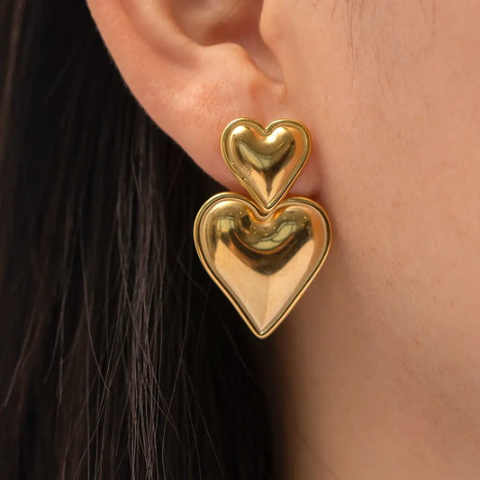 Chunky Heart Double Drop Gold Pendant Earrings