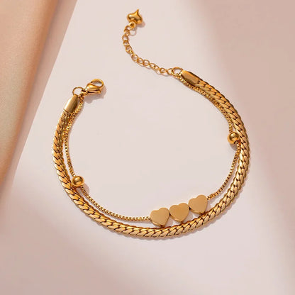 Double Layer Heart Charm Gold Bracelet