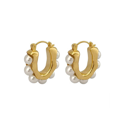 Elegant Pearl Oval Hoop Gold Earrings
