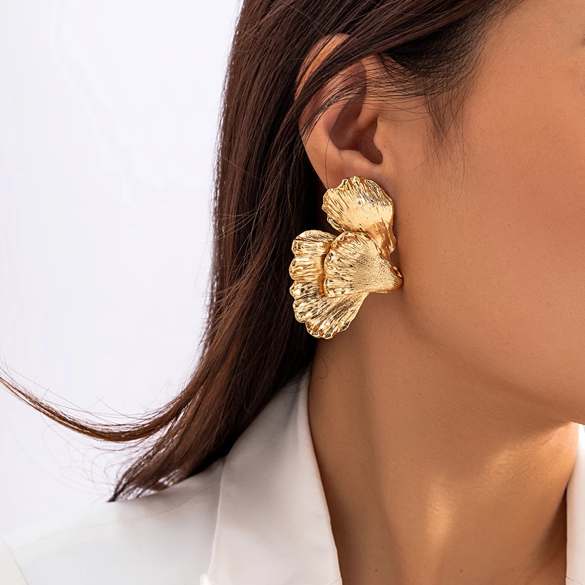 Geometric Petal Flower Fine Stud Earrings Gold, Silver