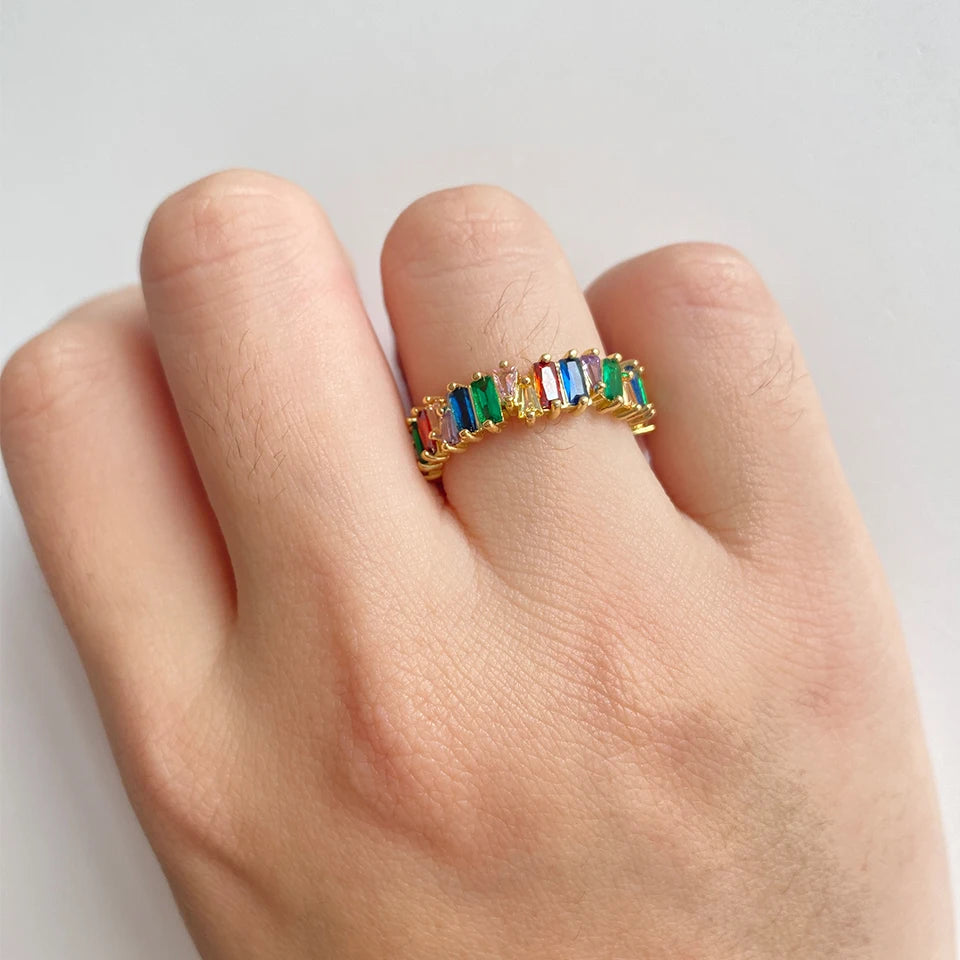 Classic Rectangular Colourful Zircon Ring