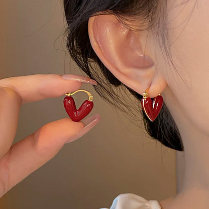Romantic Enamel Heart shaped Pendant Gold Earrings