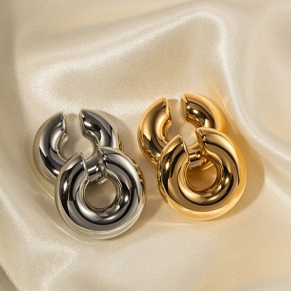 Chunky Thick Hoop Clip Earrings in Gold, Silver