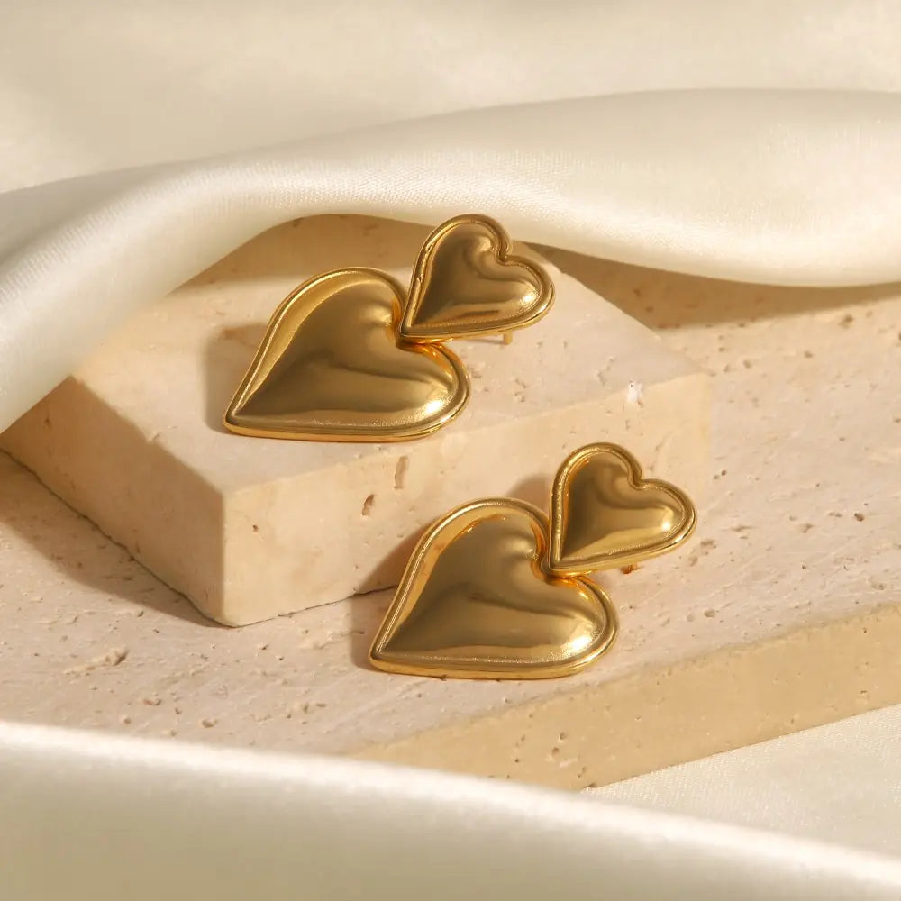 Chunky Heart Double Drop Gold Pendant Earrings