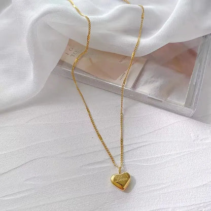 Gold Heart Pendant Link Chain Necklace with Love Engraving