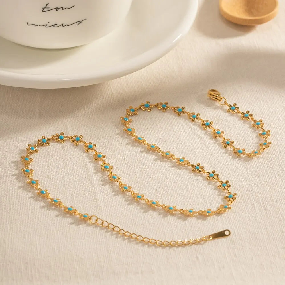 Delicate Flower Chain Gold Necklace with Turquoise Stone